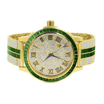 Mens Roman Numeral Dial Solid Steel Bezel Simulated Diamond Emerald Green Custom Adjustable Band Watch W/Date