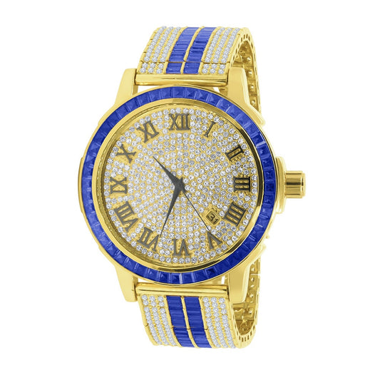 Roman Numeral Dial Solid Steel Bezel Simulated Diamond Sapphire Blue  Custom Adjustable Band Mens Watch W/Date