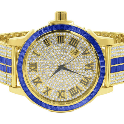 Roman Numeral Dial Solid Steel Bezel Simulated Diamond Sapphire Blue  Custom Adjustable Band Mens Watch W/Date