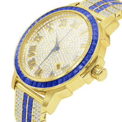 Roman Numeral Dial Solid Steel Bezel Simulated Diamond Sapphire Blue  Custom Adjustable Band Mens Watch W/Date