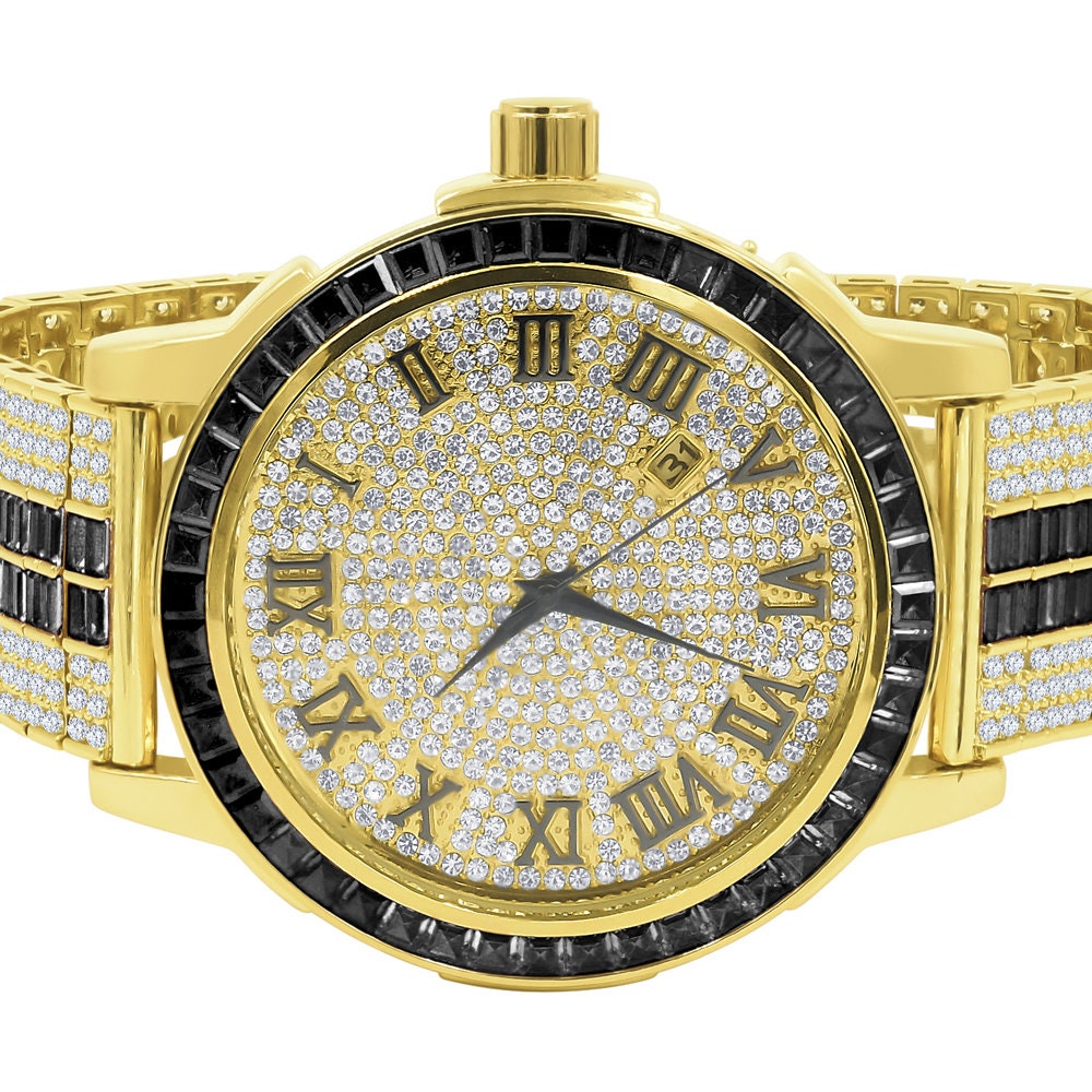 Roman Numeral Black Onyx Dial Solid Steel Bezel Gold Tone Simulated Diamond Custom Adjustable Band Mens Watch W/Date