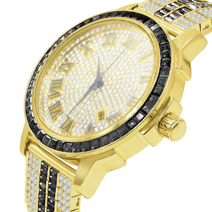 Roman Numeral Black Onyx Dial Solid Steel Bezel Gold Tone Simulated Diamond Custom Adjustable Band Mens Watch W/Date