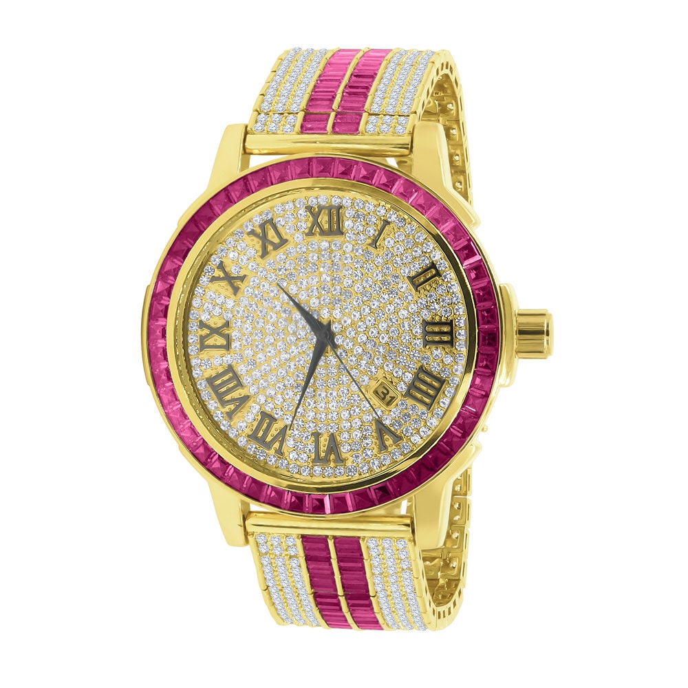 Mens Roman Numeral Ruby Red Dial Solid Steel Bezel Gold Tone Simulated Diamond Custom Adjustable Band Watch W/Date