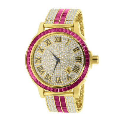 Mens Roman Numeral Ruby Red Dial Solid Steel Bezel Gold Tone Simulated Diamond Custom Adjustable Band Watch W/Date