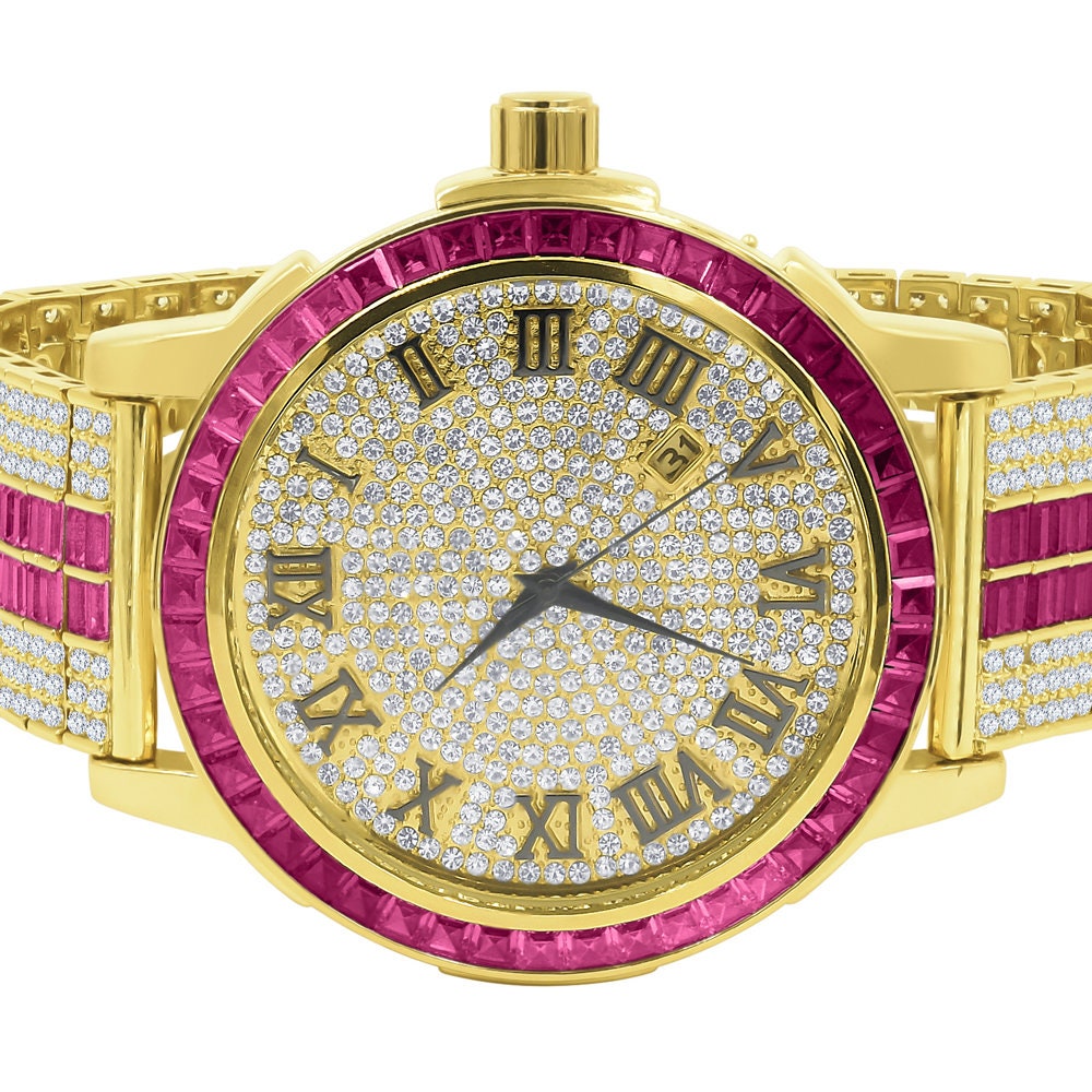 Mens Roman Numeral Ruby Red Dial Solid Steel Bezel Gold Tone Simulated Diamond Custom Adjustable Band Watch W/Date