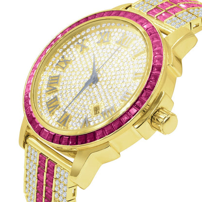 Mens Roman Numeral Ruby Red Dial Solid Steel Bezel Gold Tone Simulated Diamond Custom Adjustable Band Watch W/Date