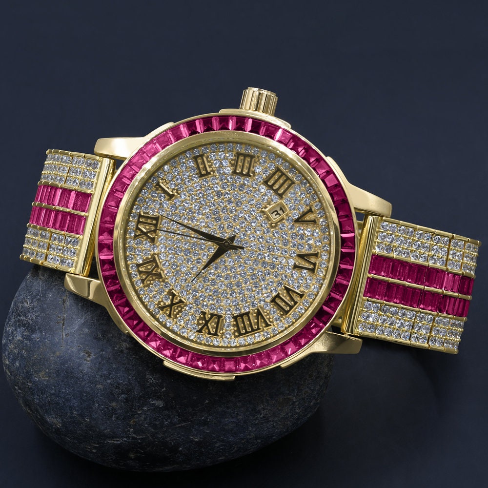 Mens Roman Numeral Ruby Red Dial Solid Steel Bezel Gold Tone Simulated Diamond Custom Adjustable Band Watch W/Date