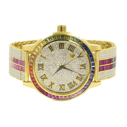 Mens Roman Numeral Rainbow Face Multi Solid Steel Bezel Gold Tone Simulated Diamond Custom Adjustable Band Watch W/Date