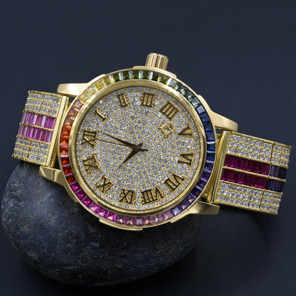 Mens Roman Numeral Rainbow Face Multi Solid Steel Bezel Gold Tone Simulated Diamond Custom Adjustable Band Watch W/Date