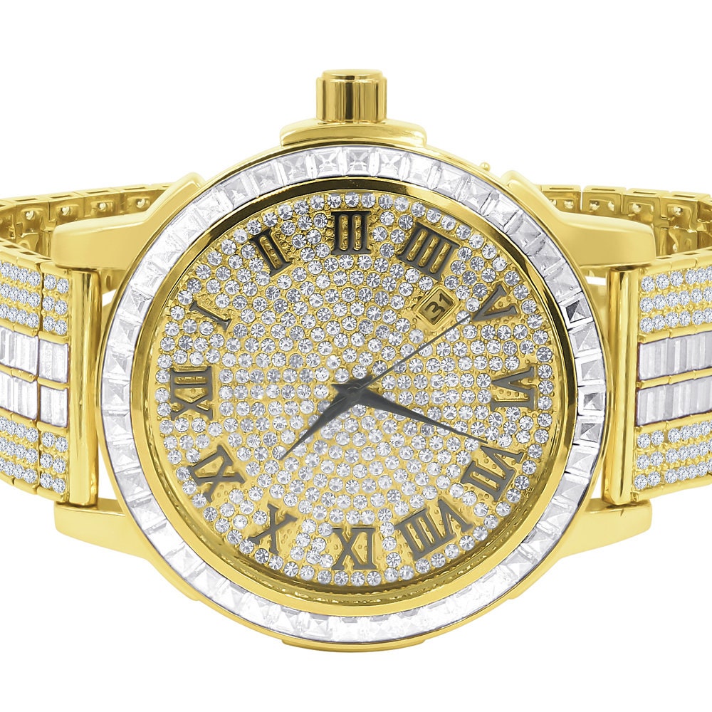18K Gold Finish Mens Roman Numeral Solid Steel Bezel Simulated Diamond Custom Adjustable Band Watch W/Date