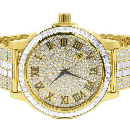 18K Gold Finish Mens Roman Numeral Solid Steel Bezel Simulated Diamond Custom Adjustable Band Watch W/Date
