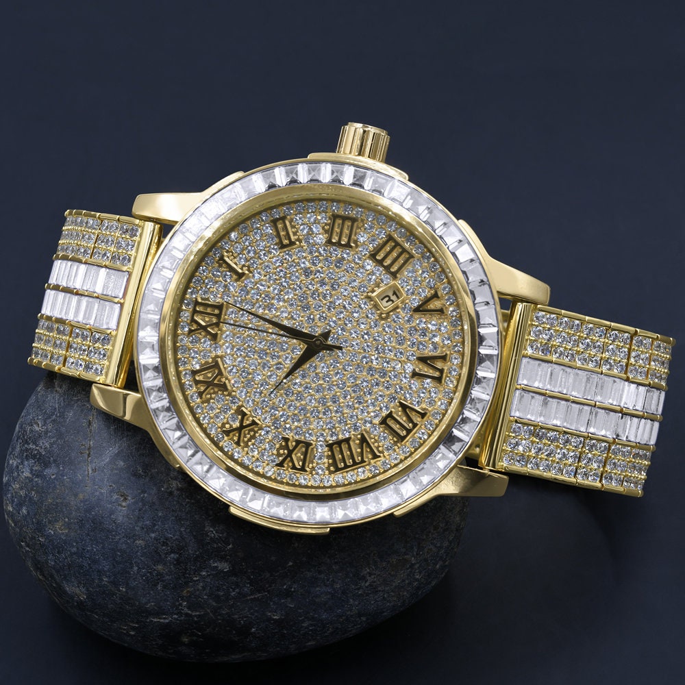 18K Gold Finish Mens Roman Numeral Solid Steel Bezel Simulated Diamond Custom Adjustable Band Watch W/Date