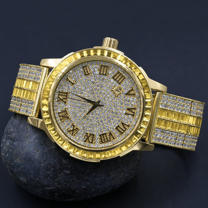 Gold Canary Tone Mens Roman Numeral Solid Steel Bezel Simulated Diamond Custom Adjustable Band Watch W/Date