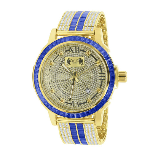 Roman Face Real Diamond Dial Stainless Steel Custom Bezel Sapphire Blue Gold Tone Adjustable Band Watch W/Date