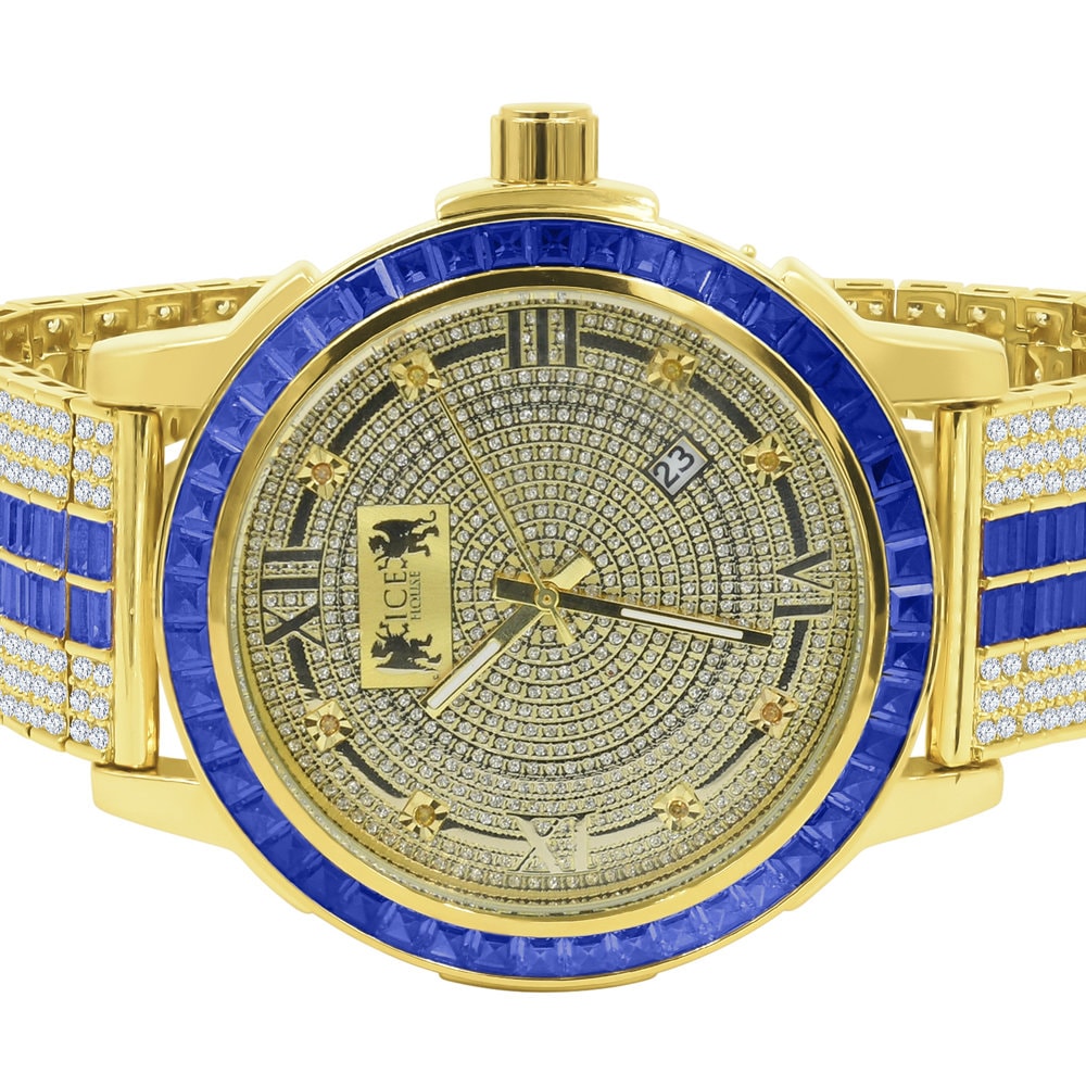 Roman Face Real Diamond Dial Stainless Steel Custom Bezel Sapphire Blue Gold Tone Adjustable Band Watch W/Date