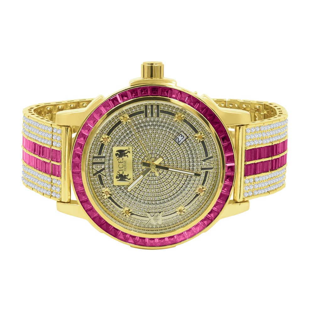 Buby Red Mens Genuine Diamond Dial Stainless Steel Custom Bezel Gold Tone Adjustable Band Watch W/Date