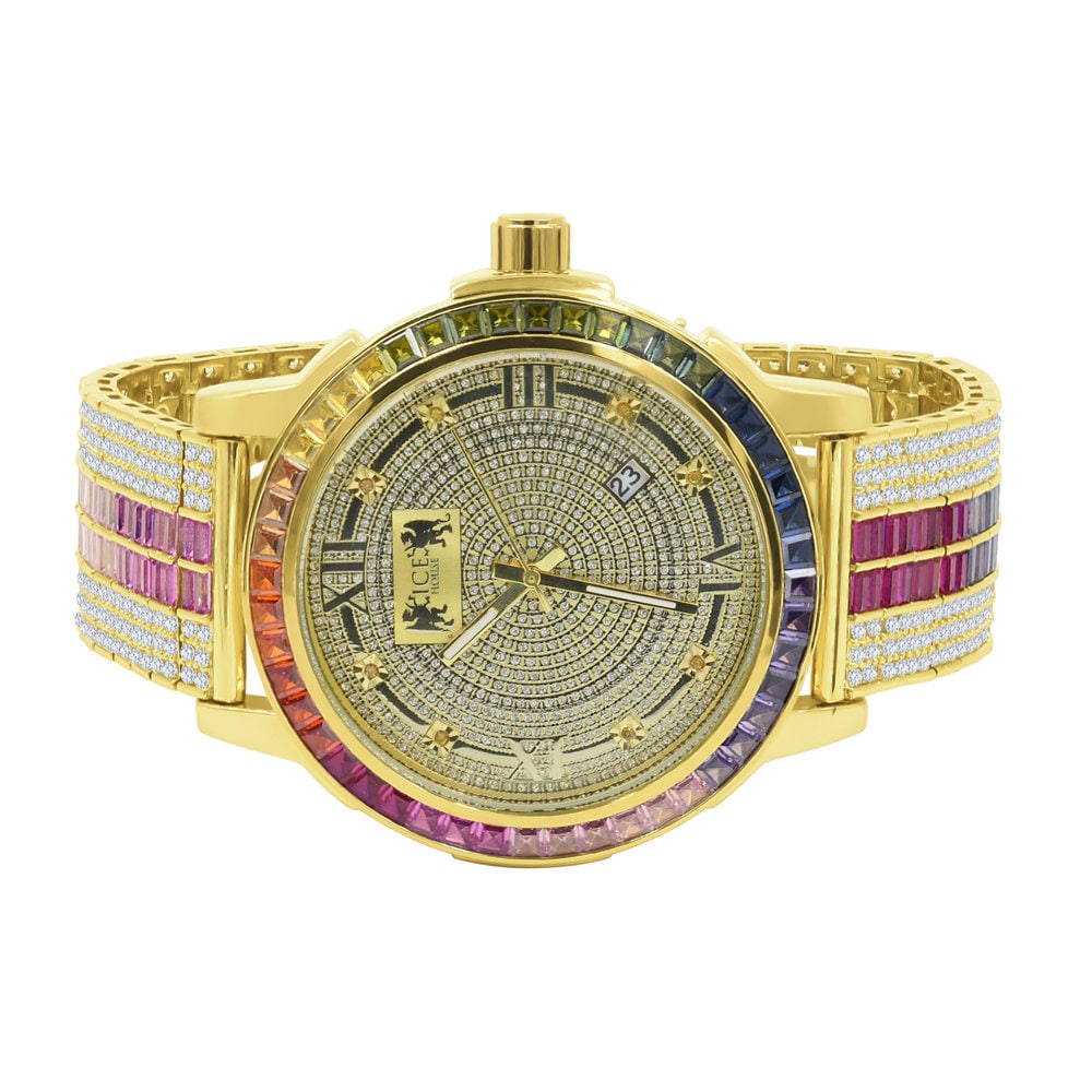 18K Yellow Gold Finish Solid Steel Iced Out Bezel Real Diamond Dial Multi Tone Rainbow Mens Custom Band Watch W/Date