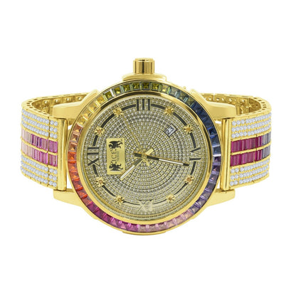 18K Yellow Gold Finish Solid Steel Iced Out Bezel Real Diamond Dial Multi Tone Rainbow Mens Custom Band Watch W/Date