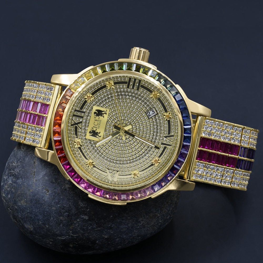 18K Yellow Gold Finish Solid Steel Iced Out Bezel Real Diamond Dial Multi Tone Rainbow Mens Custom Band Watch W/Date
