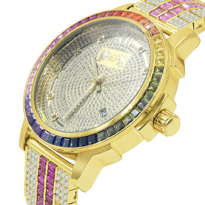 18K Yellow Gold Finish Solid Steel Iced Out Bezel Real Diamond Dial Multi Tone Rainbow Mens Custom Band Watch W/Date