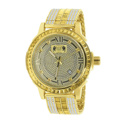 Lemonade Canary Mens Custom Band Watch W/Date Function Gold Finish Solid Steel Iced Out Bezel Real Diamond Dial