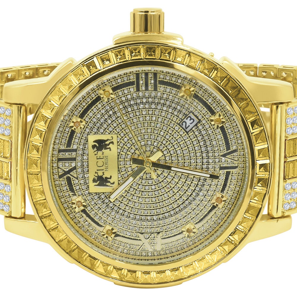 Lemonade Canary Mens Custom Band Watch W/Date Function Gold Finish Solid Steel Iced Out Bezel Real Diamond Dial