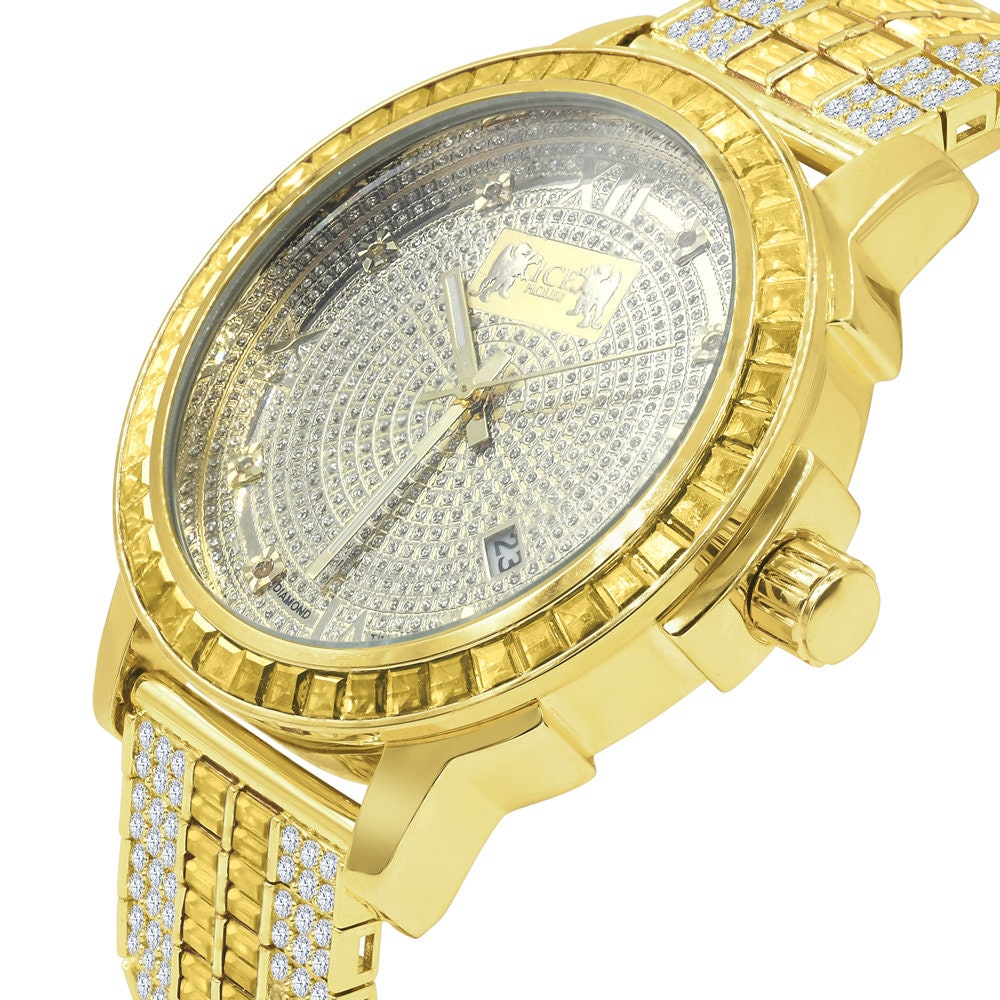 Lemonade Canary Mens Custom Band Watch W/Date Function Gold Finish Solid Steel Iced Out Bezel Real Diamond Dial