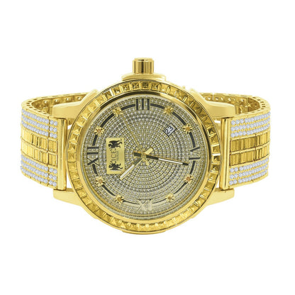 Lemonade Canary Mens Custom Band Watch W/Date Function Gold Finish Solid Steel Iced Out Bezel Real Diamond Dial