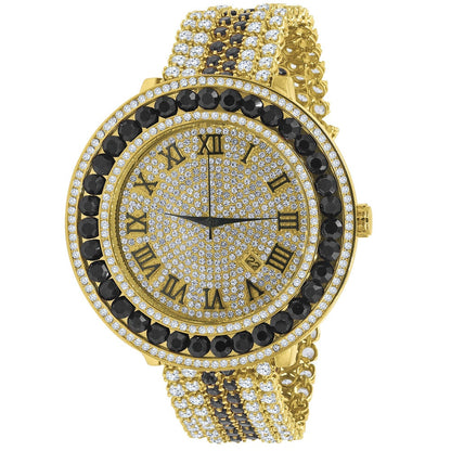 Roman Numeral Dial Big Face Black Onyx Simulated Diamond Gold Finish Mens Jo Rodeo Adjustable Size Band Custom Watch