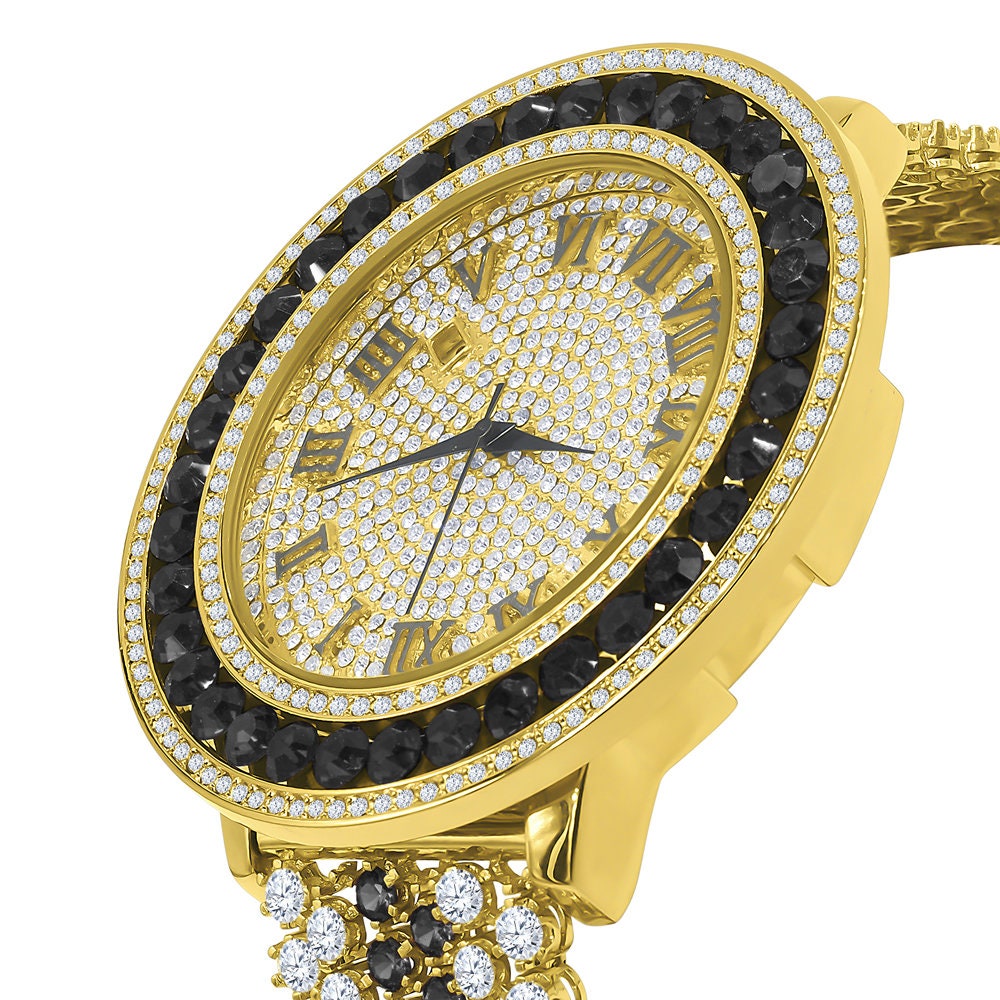 Roman Numeral Dial Big Face Black Onyx Simulated Diamond Gold Finish Mens Jo Rodeo Adjustable Size Band Custom Watch