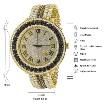 Roman Numeral Dial Big Face Black Onyx Simulated Diamond Gold Finish Mens Jo Rodeo Adjustable Size Band Custom Watch