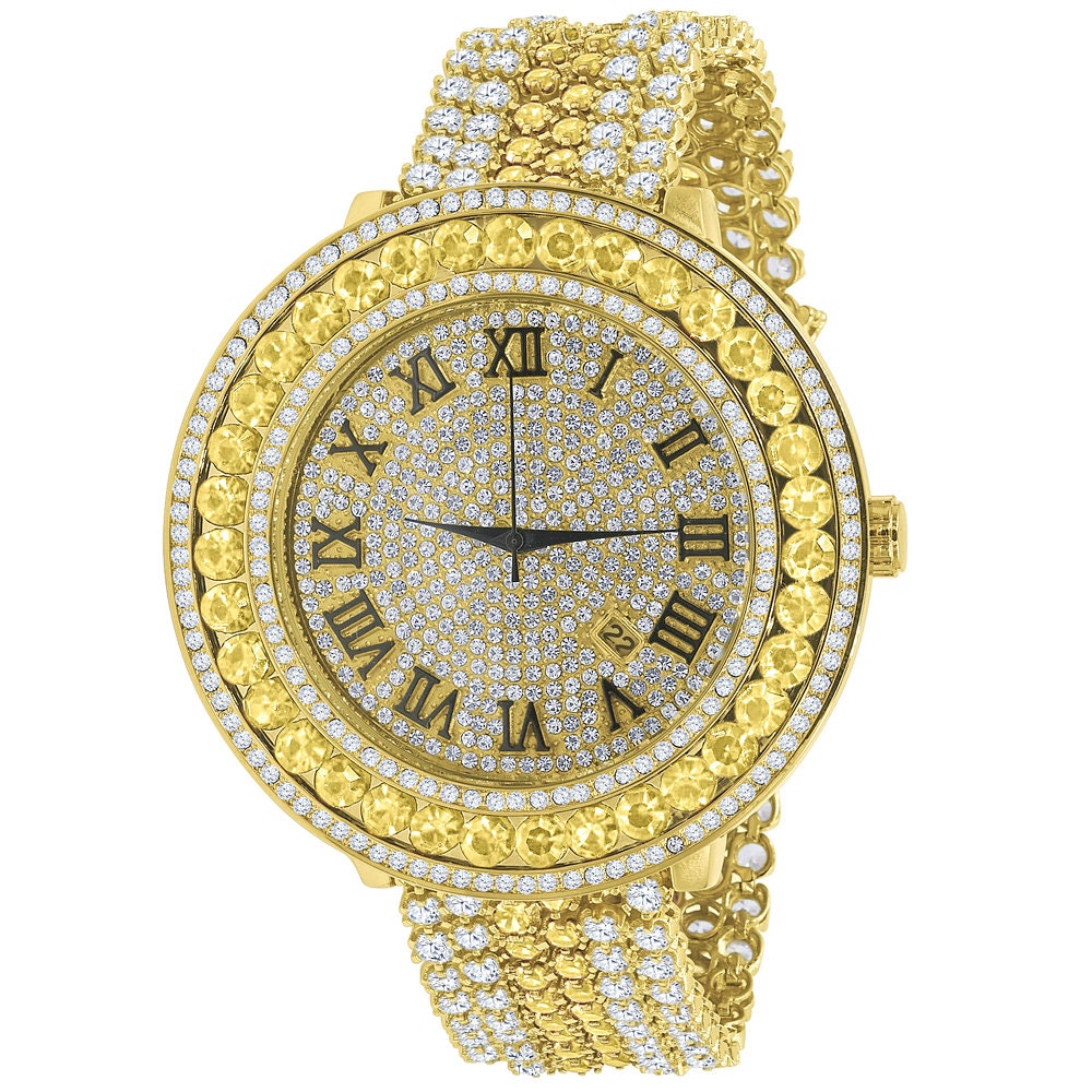 Gold Canary Roman Numeral Dial Big Face Black Onyx Simulated Diamond Mens Jo Rodeo Adjustable Size Band Custom Watch
