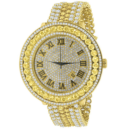 Gold Canary Roman Numeral Dial Big Face Black Onyx Simulated Diamond Mens Jo Rodeo Adjustable Size Band Custom Watch