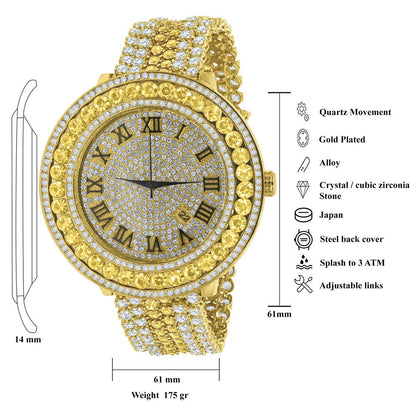 Gold Canary Roman Numeral Dial Big Face Black Onyx Simulated Diamond Mens Jo Rodeo Adjustable Size Band Custom Watch