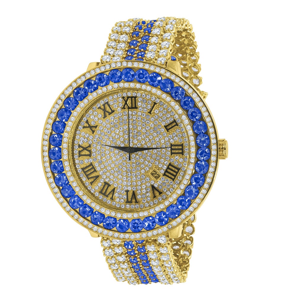 Roman Numeral Dial Simulated Diamond Blue Sapphire Gold Tone Mens Jo Rodeo Adjustable Size Band Custom Watch