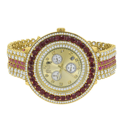 Mens Custom Luxury Watch Ruby Red Simulated Diamond 18K Yellow Gold Finish Adjustable Size Band
