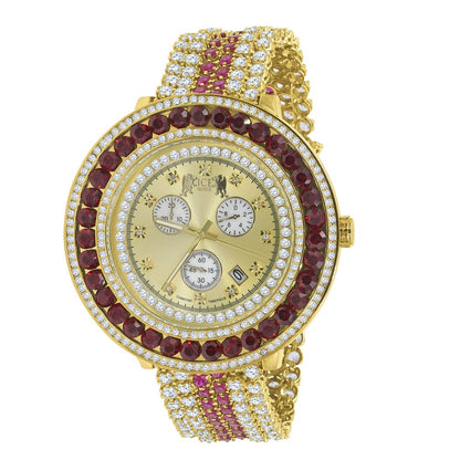 Mens Custom Luxury Watch Ruby Red Simulated Diamond 18K Yellow Gold Finish Adjustable Size Band
