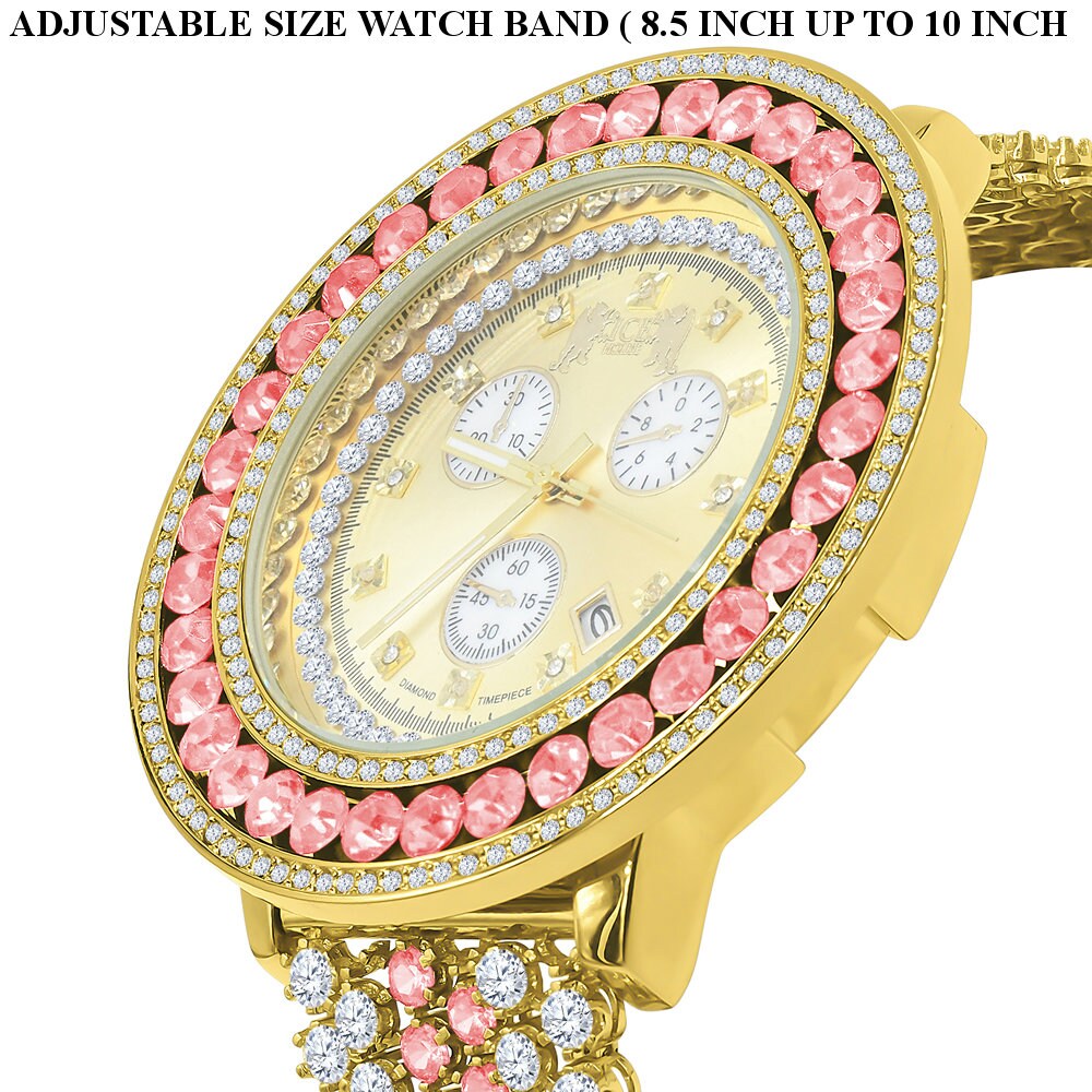 Adjustable Size Custom Band Pink Tourmaline  Big Face Simulated Diamond Gold Tone Jo Rodeo Watch