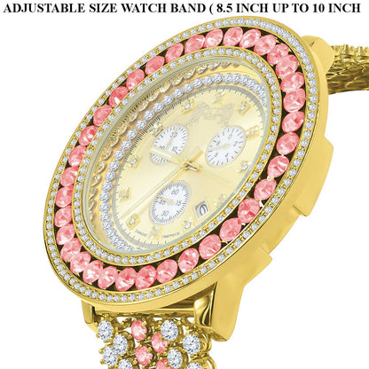 Adjustable Size Custom Band Pink Tourmaline  Big Face Simulated Diamond Gold Tone Jo Rodeo Watch