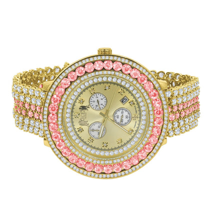 Adjustable Size Custom Band Pink Tourmaline  Big Face Simulated Diamond Gold Tone Jo Rodeo Watch
