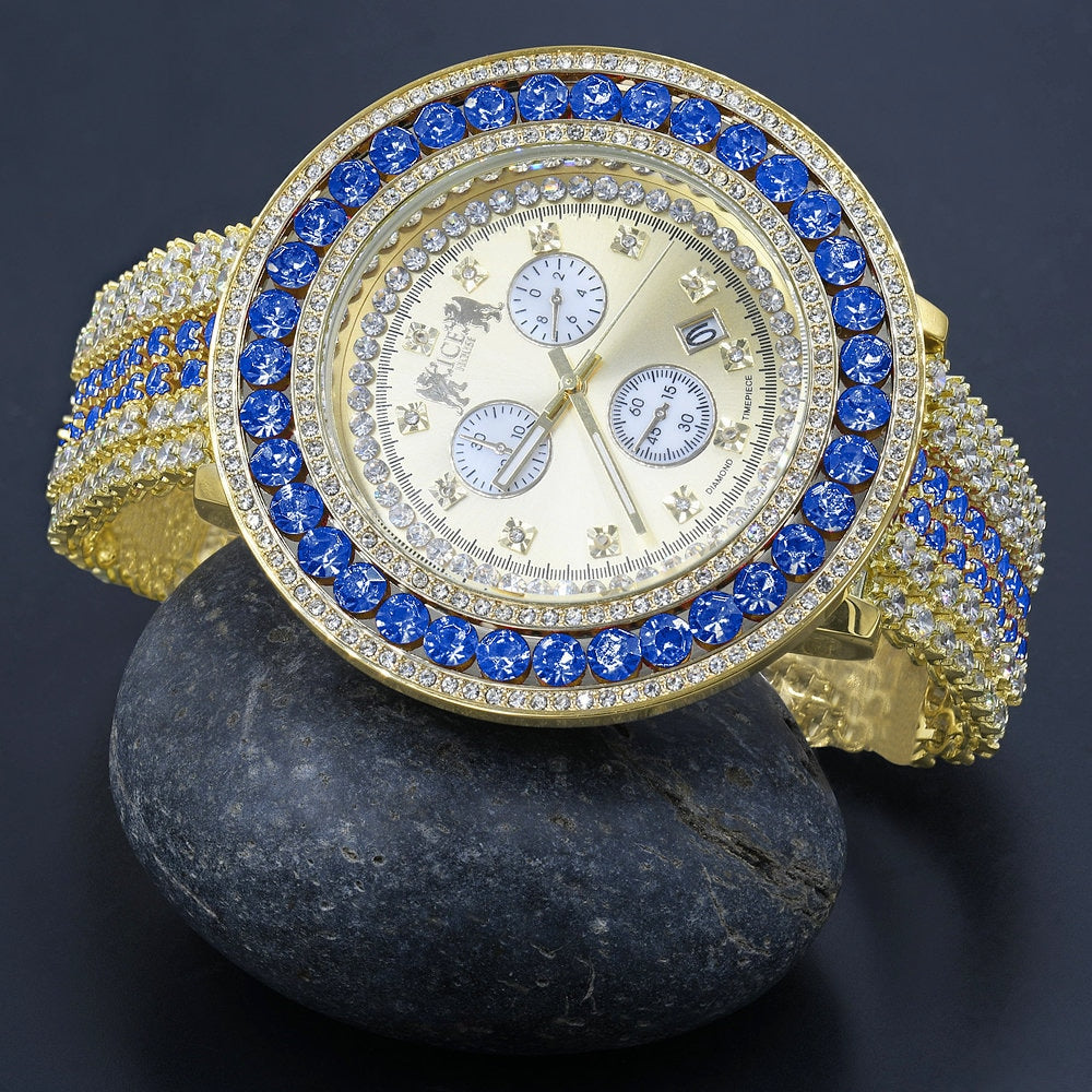 Fully Iced Out Simulated Diamond Blue Sapphire Gold Tone Mens Jo Rodeo Adjustable Size Band Custom Watch