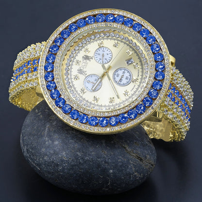 Fully Iced Out Simulated Diamond Blue Sapphire Gold Tone Mens Jo Rodeo Adjustable Size Band Custom Watch