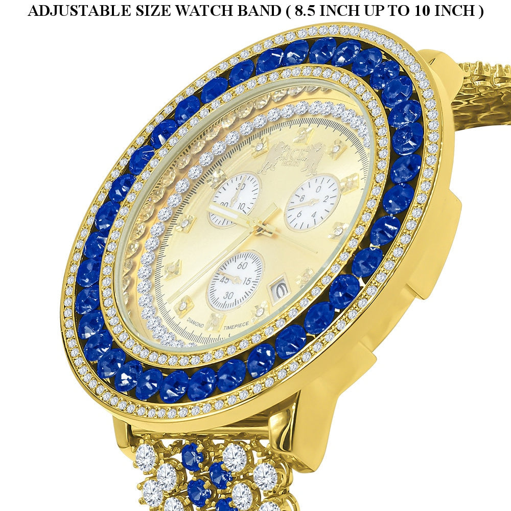 Fully Iced Out Simulated Diamond Blue Sapphire Gold Tone Mens Jo Rodeo Adjustable Size Band Custom Watch