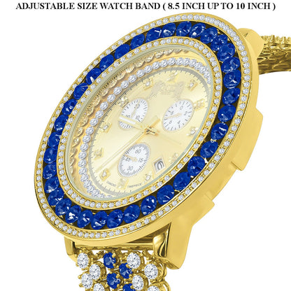 Fully Iced Out Simulated Diamond Blue Sapphire Gold Tone Mens Jo Rodeo Adjustable Size Band Custom Watch