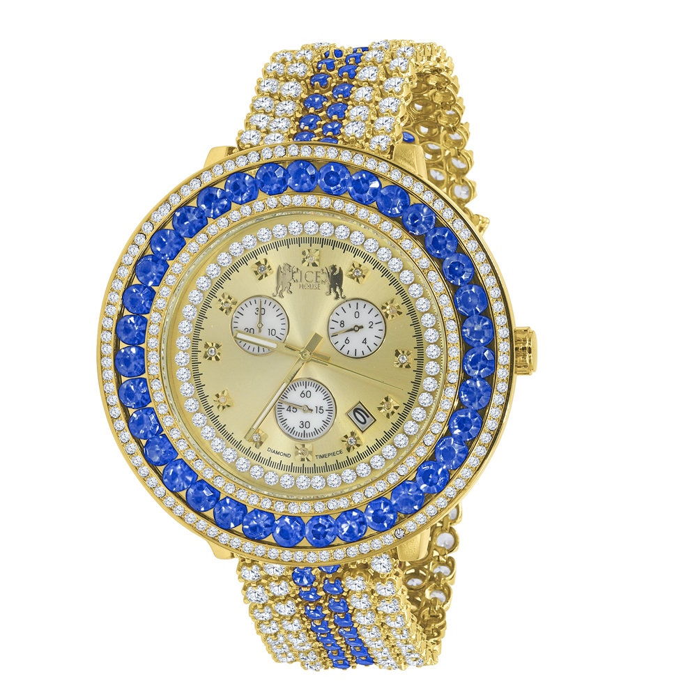 Fully Iced Out Simulated Diamond Blue Sapphire Gold Tone Mens Jo Rodeo Adjustable Size Band Custom Watch