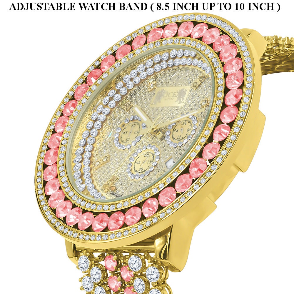 Pink Tourmaline 18K Yellow Gold Finish Real Diamond Face Iced Out Bezel & Band Mens Custom Watch W/Date Function
