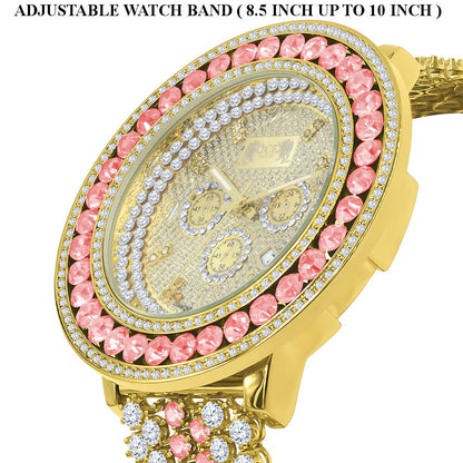 Pink Tourmaline 18K Yellow Gold Finish Real Diamond Face Iced Out Bezel & Band Mens Custom Watch W/Date Function