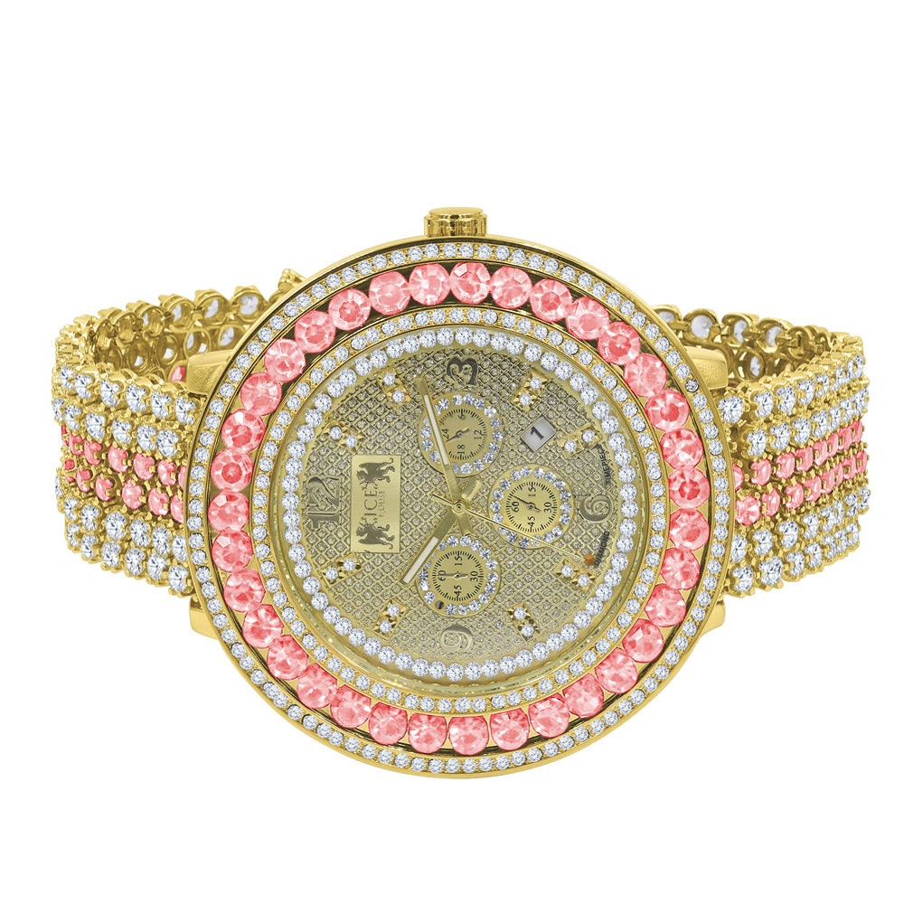 Pink Tourmaline 18K Yellow Gold Finish Real Diamond Face Iced Out Bezel & Band Mens Custom Watch W/Date Function