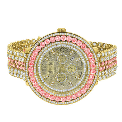 Pink Tourmaline 18K Yellow Gold Finish Real Diamond Face Iced Out Bezel & Band Mens Custom Watch W/Date Function