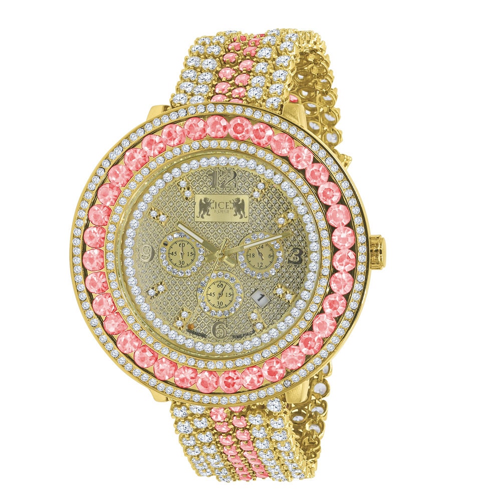 Pink Tourmaline 18K Yellow Gold Finish Real Diamond Face Iced Out Bezel & Band Mens Custom Watch W/Date Function